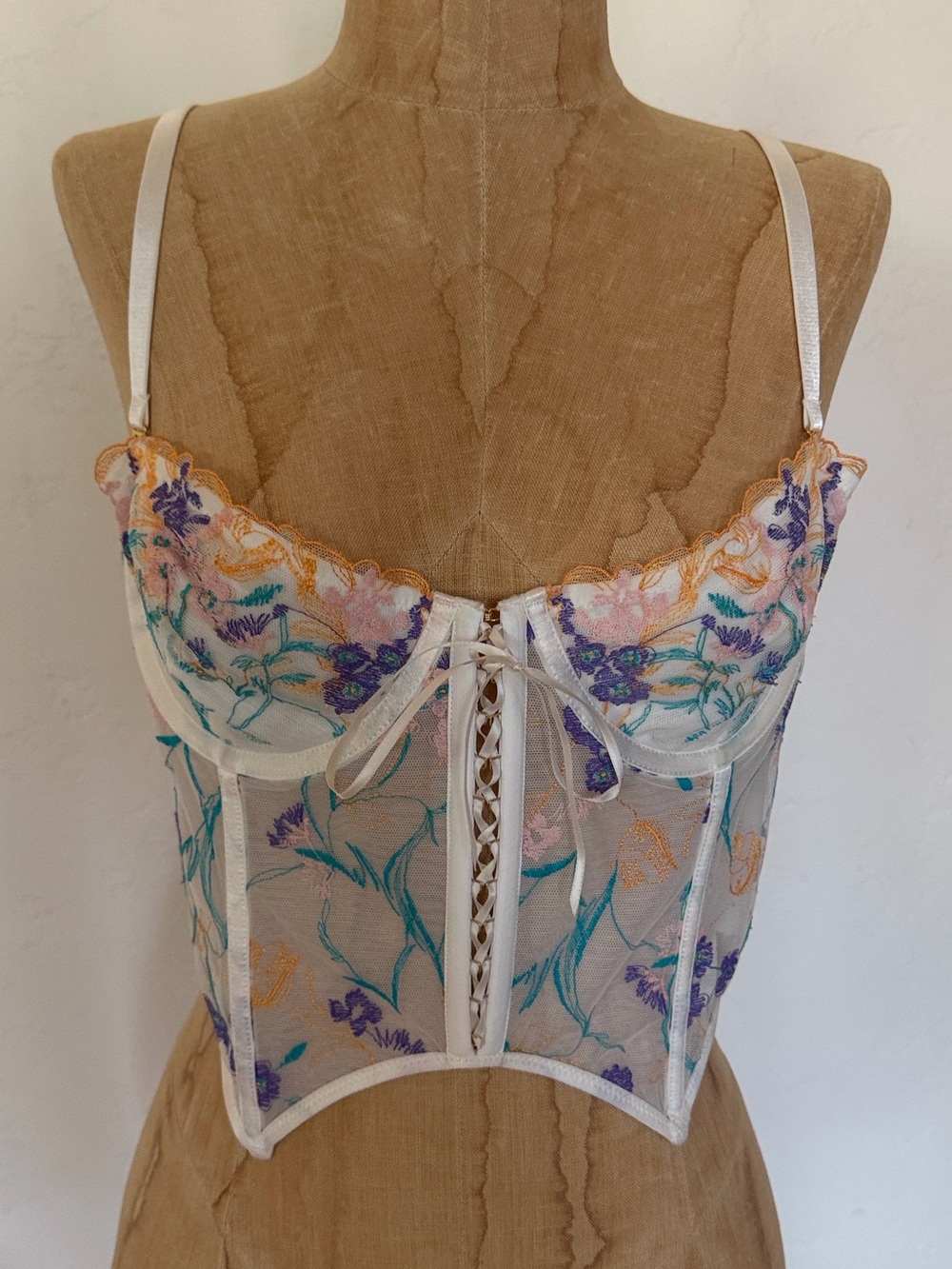 Urban Outfitters Out From Under Flora Embroidered Peach Mesh Corset Bustier Top